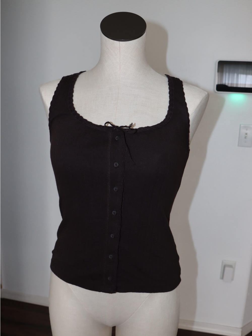 aerie Black Ribbed Button-Front Tank